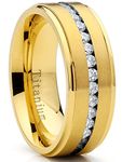 Goldtone Titanium Men's Eternity Wedding Band Ring with Cubic Zirconia CZ, Comfort Fit 8mm SZ 11