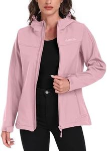 USHARESPORTS Women's Softshell Jacket Lightweight Fleece Lined Waterproof Coats Rain Jacket with Hood for Outdoor Hiking LIGHT PINK S