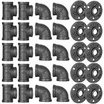 30 Pack Pipe Fitting 1/2" Floor Flange Elbow Tee Combo for Industrial Vintage Style DN15 Threaded Cast Black Malleable Iron Pipe Fitting for DIY Pipe Furniture Decorative