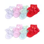 4 Pairs Baby Lace Socks Baby Girl Double/Eyelet Lace Ruffle Frilly Socks Ankle Socks Set Cotton White Princess Ankle Dress Socks for Newborn Infants and Toddlers(1-2 Years Old)