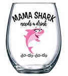 Mama Shark Needs a Drink Novelty Wine Glass - Mom Gift & Funny Wine Glass For Birthdays, Mother's Day, Christmas, Holidays or Just Because - Stemless