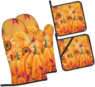 Fall Autumn Pumpkins Oven Mitts and Pot Holders Sets Thanksgiving Heat Resistant Non-Slip Kitchen Potholder Oven Gloves for Baking Cooking Grilling BBQ Mittens Kitchen Decor and Accessories Gifts