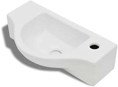 vidaXL White Ceramic Bathroom Sink Basin, Wall Hung Style with Faucet Hole, Modern High Gloss Finish, Easy to Clean