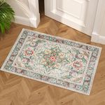 Vintage Rugs for Entryway, 2x3 Washable Low Pile Rug, Front Door Non-Slip Small Area Rug for Kitchen, Throw Rugs with Rubber Backing, Soft Boho Indoor Entrance Bedroom Entry Carpet mat (Cream/Green)