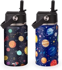 Kids Insulated Water Bottle, 2 Pack 12oz Space Water Bottles Bulk with Flip Straw & Big Handle, 18/8 Stainless Steel, Gifts for Kids Boys Girls to School Travel Sports, Hands Wash Only, Blue & Black