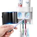 GFWARE Toothbrush Holder Wall Mounted Toothpaste Dispenser Automatic Cover Electric Tooth Brush Stander Set with 2 Toothpaste Squeezers for Shower Bathroom Kids Black