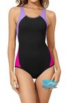 Beautikini Period Swimwear One Piece Leakproof Menstrual Swimsuit Women's Racerback Training Bathing Suit for Teens Girls, Black Purple, XX-Small