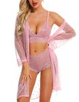 RSLOVE Women Sexy Lingerie Set 3 Piece Lace Kimono Robe with Bra and Panty Sheer Sleepwear Pink L