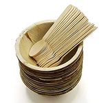 Crazy Sutra Eco-Friendly Disposable Cutlery- Combo of Round Areca Palm Leaf Bowls-4 Inch (25pc) & Wooden Spoon (25pc) for Parties, Birthdays,Bbqs,Picnics and Events