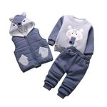 Bold N Elegant Kid's Luxury Cute Cartoon Winter Warm Sweatshirt Hoodie Jacket and Jogger Pant 3 Pc Layering Party Clothing Set for Infant Toddler Kids (1-2 Years, Blue - Grey)