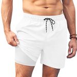 COOFANDY Men Swim Trunk with Compression Liner 2 in 1 Swimwear Bathing Suit Quick Dry Board Short, B White, X-Large