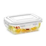 Borosil Klip N Store Glass Storage Container For Kitchen With Air-Tight Lid, Microwave & Oven Safe, Rectangular, 640 ml, Clear