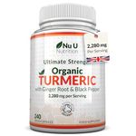 Organic Turmeric Ginger & Black Pepper 2280mg - 240 Vegan Capsules not Tablets - High Strength Tumeric Curcumin Supplement - Made in The UK - Nu U Nutrition