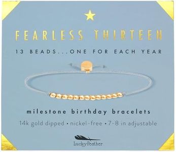 Lucky Feather Gifts for 13 Year Old Girl; 13th Birthday Bracelet with 13 Dainty 14K Gold Dipped Beads on Adjustable Cord; Bat Mitzvah Gift