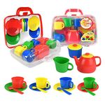 Vinsani 15 Piece Colourful Plastic Tea Party Set Includes Teapot, Jug, Sugar Bowl, Saucers & Spoons with Portable Carry Case for Boys Girls Pretend Play Age 3 Years