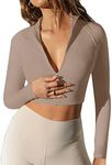 LASLULU Womens Full Zipper Workout Shirts Long Sleeve Crop Tops Gym Sports Tops Pullover Sweatshirts Athletic Jacket(Khaki Medium)