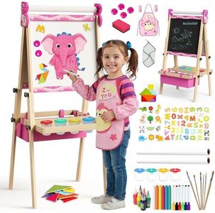 BlueWood Easel for Kids, Drawing Double Sided 4-in-1 Painting Art Stand, Adjustable Wooden Easel Set Toddlers, Magnetic Whiteboard & Chalkboard with Paper Rolls for 3-8 Child, Rose Red