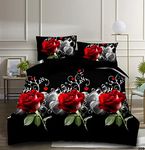 BSL 3D Printed Floral Design 4 Piece Complete Bedding Set Microfiber Duvet Cover Set with Pillow Cases and Extra Fitted Sheet Machine Washable (Red Roses 359, King)