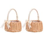 JYCRA 2PCS White Wedding Flower Girl Baskets,Wicker Picnic Basket with Handles & Liners,Wicker Rattan Flower Basket,Petal Basket Candy Storage Basket