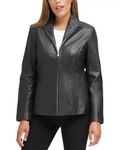 Cole Haan Women's Fully Lined Wing Collar Leather Coat, Black, Small