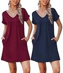 Ekouaer 2 Pack Nightgowns for Women Sleepwear Short Sleeve Sleepshirt V Neck Sleepwear Pajama Dress (Navy Blue+Wine Red,L)