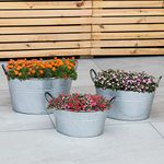 Woodside Vintage Garden & Home Galvanised Steel Flower Planter Tubs, Indoor/Outdoor Planting Bucket Pots, Pack of 3