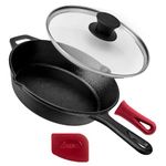 Cast Iron Skillet with Lid - 8"-Inch Frying Pan + Glass Cover + Silicone Grip Handle Holder - Pre-Seasoned Oven Safe Cookware - Indoor/Outdoor Use - Grill, Stovetop, Camping Firepit, Induction Safe