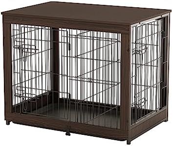 Piskyet Wooden Dog Crate Furniture with Divider Panel, Dog Crate End Table with Fixable Slide Tray, Dog Kennel Furniture, Dog Kennel Indoor for Medium Dogs(M:31.8" L*22.1" W*26.3" H,Brown Walnut)
