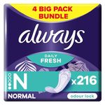 Always Dailies Panty Liners, Normal, 216 Liners (54 x 4 Packs), Odour Neutraliser, Soft & Discreet, Absorbent Core