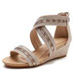 WOJWSKI Wedge Sandals for Women Bohemia Open Toe High Heel Zipper Back Platform Summer Dress Beach Sandal, Gold, 10