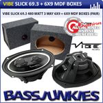 Vibe Slick 6x9" 480w 3-Way Car Speakers + MDF 6x9 Speaker Box Enclosure Pair