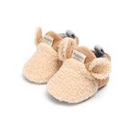 FAMI Infant Baby Cozy Fleece Slippers with Non Skid Bottom Newborn Boys Girls Winter Warm Socks Booties Stay On Crib House Shoes -Khaki