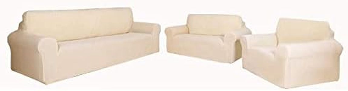 Sapphire Home 3-Piece Couch Cover Set, Sofa, Loveseat, and Arm Chair Slipcovers, Form fit Stretch, Wrinkle Free, Furniture Protector, Sofa Covers for Living Room, Polyester Spandex (Beige/Ivory)