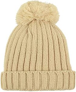 LUTHER PIKE SEATTLE Winter Pom Pom Beanie Hat - Cute Knit Yarn and Warm Fleece-Lined Slouchy Skull Ski Cap for Women - Cool Hair Accessories - for Boho, Hipster, and Winter Outfits, Beige