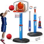 HYES Basketball Hoop for Kids, 2 in 1 Basketball Hoop and T Ball Set, Adjustable Height, Baseball Tee with Automatic Pitching Machine, Basketball Hoop and Stand Toys Gifts for Toddler Boys Girls, Blue