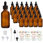 Comrzor 24 Pack 2oz Amber Glass Bottles with Glass Eye Droppers for Essential Oils, Perfumes & Lab Chemicals (Brush, Funnels, 2 Extra Droppers, 36 Pieces Labels & 30ml Measuring Cup Included)