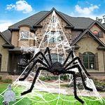 BOSONER Halloween Decorations, 1Pcs 50'' Giant Spider + 200” Triangular Spider Web, with Hook, Stretch Web and Ground Stakes for Indoor Outdoor Halloween Decor Haunted House Props