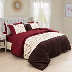 Marina Decoration Ultra Soft Luxury Fluffy Goose Down Alternative Bed in a Bag Rich Printed 7 Piece Comforter Set Includes 4 Piece Sheet Set, Modern Burgundy Cosmos Floral Pattern Double/Full Size