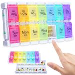 CSTDE Weekly Pill Organiser 2 Times a Day, Easy Fill Large Pill Box 7 Day, Am Pm Medicine Organiser, Push Button Daily Pill Case for Vitamin, Fish Oil, Supplements