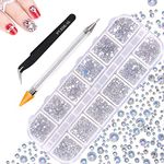 1500PCS Nail Gems, 6 Sizes Flat Back Nail Rhinestones, JUYOO 12 Styles Round Nail Diamonds with Rhinestone Pickers, AB Shiny Nail Crystals Gems for Nail Face Teeth DIY Crafts(Clear)