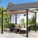 Bigzzia 3Mx3M Metal Pergola with Retractable Roof, Outdoor Pergola Features Water-resistant and SPF 15 with PU Coated Canopy, Sun Shade for Barbecue Event, Garden and Lawn Party, Off-white