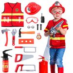 Kids Fireman Costume Set with 15 Firefighter Outfit Toys Accessories 3-10 Years Kids Fireman Dress Up Toy Fireman Vest Fireman Hat Fire Chief Pretend Costume for Kids Boys and Girls