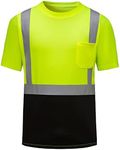 DPSAFETY High Visibility Shirts Quick Dry Safety T Shirts with Reflective Strips and Pocket Short Sleeve Mesh Hi Vis Construction Work Class 2 Shirt for Men/Women Black Bottom Lime,Medium