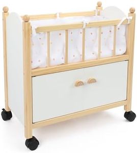 Freniland Wooden Doll Bed with Storage, Wheels & Bedding – Rolling Doll Crib with Built-in Storage for Toys, Pretend Play Doll Furniture for 18 Inch Dolls