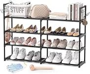 4-Tier Shoe Rack, Black Metal Shoe Racks, Stackable Shoe Shelf with Multifunctional Hooks, Hold 20 Pairs, Space Saving Shoe Rack, Shoes Rack for Closet,Show Rack