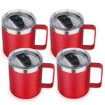 Volhoply 14oz Insulated Stainless Steel Coffee Mug with Lid Bulk 4 Pack,Double Wall Vacuum Travel Coffe Cup with Handle,Reusable Metal Thermos Tumbler Cup,Camping Mugs Keep Hot,Christmas Gifts(Red,4)