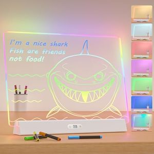 LED Note Board with Colors, Rechargeable 9-Mode Light Up Acrylic Dry Erase Board, 14"X10" Neon Glow Desk Sign Letter Message Memo Drawing Board for Home/Bedroom/Store/Office/Gift, 7 Markers White