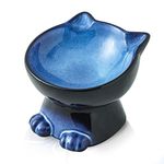 Nihow Slanted Elevated Cat Bowls: 6.25 Inch Ceramic Raised Cat Food Bowl for Protecting Pet's Spine - Microwave & Dishwasher Safe -Elegant Blue & Black (6.8 OZ /1 PC)