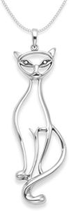 Sterling Silver Cat Necklace on Silver chain - SIZE: 39mm x 10mm - Gift Boxed. Silver cat pendant. FOR STRONGER THICKER CHAIN please choose 17" which is 1.5mm thick - 16 & 18" are 1.2mm thick. 8114, Plain