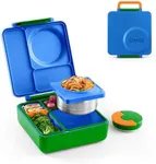 OmieBox Bento Box for Kids - Insulated Bento Lunch Box with Leak Proof Vacuum Insulated Food Jar - 3 Compartments, Two Temperature Zones (Monster Blue)